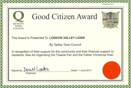Good Citizen Award from Tadley Town Council June 2014